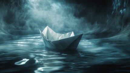 Dementia risk represented by a paper boat sinking into dark water. Featuring soft lighting and muted colors