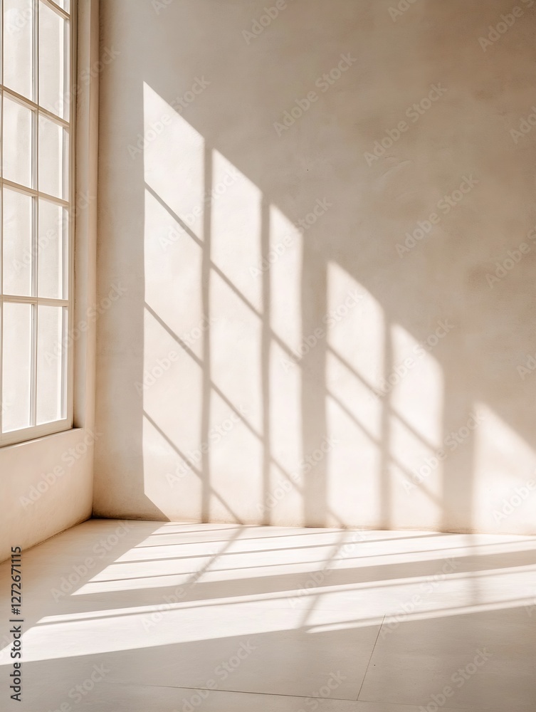 Leinwandbilder bright and airy room with large windows creating stylish shadows on textured wall : generative ai