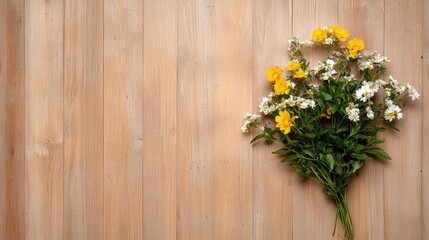 Fototapeta premium Yellow and white wildflowers bouquet on wood. Perfect for cards