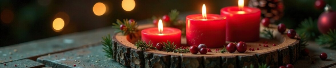 A wooden circle with three crimson candles aglow in a decorative Advent wreath, festive decor, warm, winter