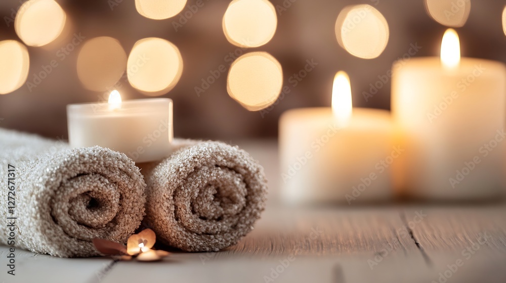 Aufkleber elegant spa setup with lit candles next to soft rolled towels on wooden surface : generative ai