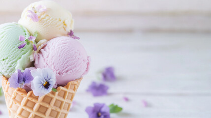 Artisan Ice Cream Delight: A close-up shot of three scoops of artisanal ice cream, in pastel hues, nestled in a crispy waffle cone, decorated with edible flowers.