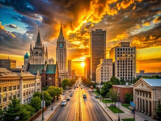 Obraz premium Tulsa Oklahoma Downtown Sunset Cathedral Silhouette Stock Photo