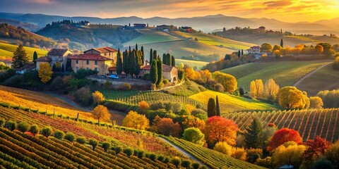Tuscan Autumn Landscape: Rolling Hills, Vineyards & Stone Houses
