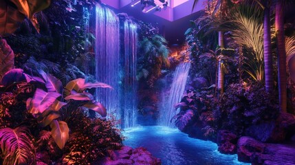 Neon Waterfall Paradise: A Tropical Oasis Illuminated by Vibrant Hues