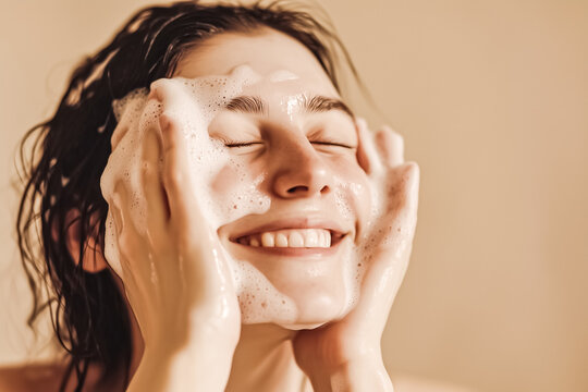 Smiling woman enjoying a refreshing face wash, lathered with foam, on neutral background.
