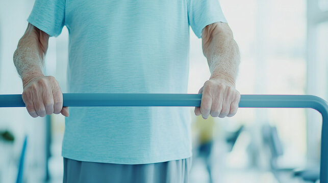 Aging Gracefully: Capturing the essence of physical therapy, this image shows an elderly person gripping the parallel bars, a symbol of strength, resilience, and determination.