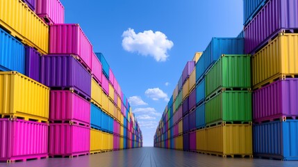 Fototapeta premium Brightly colored shipping containers stacked high in a cargo terminal under a clear blue sky.