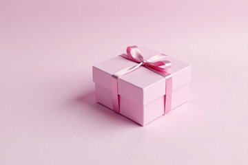 Fototapeta premium A delicately tied pink ribbon adorns a pale pink present box, conveying a sense of thoughtful gifting and celebration.