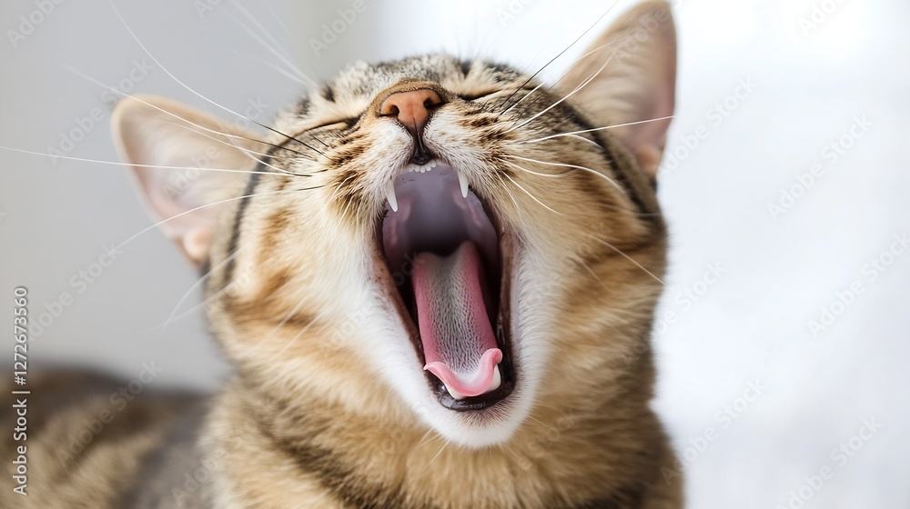 Poster cute striped cat yawning in a cozy indoor setting with soft lighting : generative ai