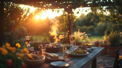 A rustic farmhouse dinner under a pergola, warm sunset glow illuminating wooden table, steaming farm-fresh dishes, a family enjoying the evening breeze, flickering candles and twinkling fairy lights,
