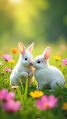 Fluffy white bunnies nestled amongst vibrant wildflowers in a sun-drenched meadow , macro, floral