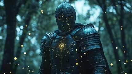 A fantasy knight in glowing armor standing in an enchanted forest 