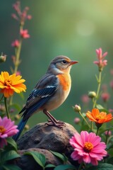 Fototapeta premium Floral bird perched amidst blooming wildflowers , field, outdoor