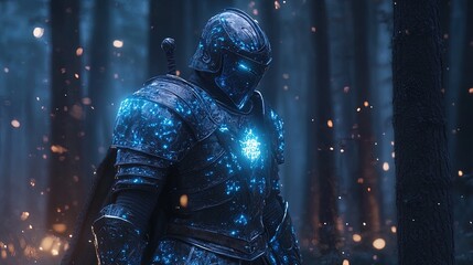 Fototapeta premium A fantasy knight in glowing armor standing in an enchanted forest 