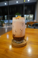Close up of ice chocolate with strawberry flavoured milk or choco berry 