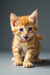 Gray background, ginger kitten pouncing on a string toy, gray, string, pet cat