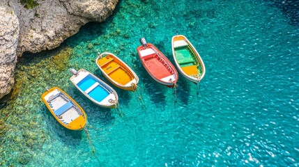 Naklejka premium Aerial view of colorful boats anchored in crystal clear turquoise water