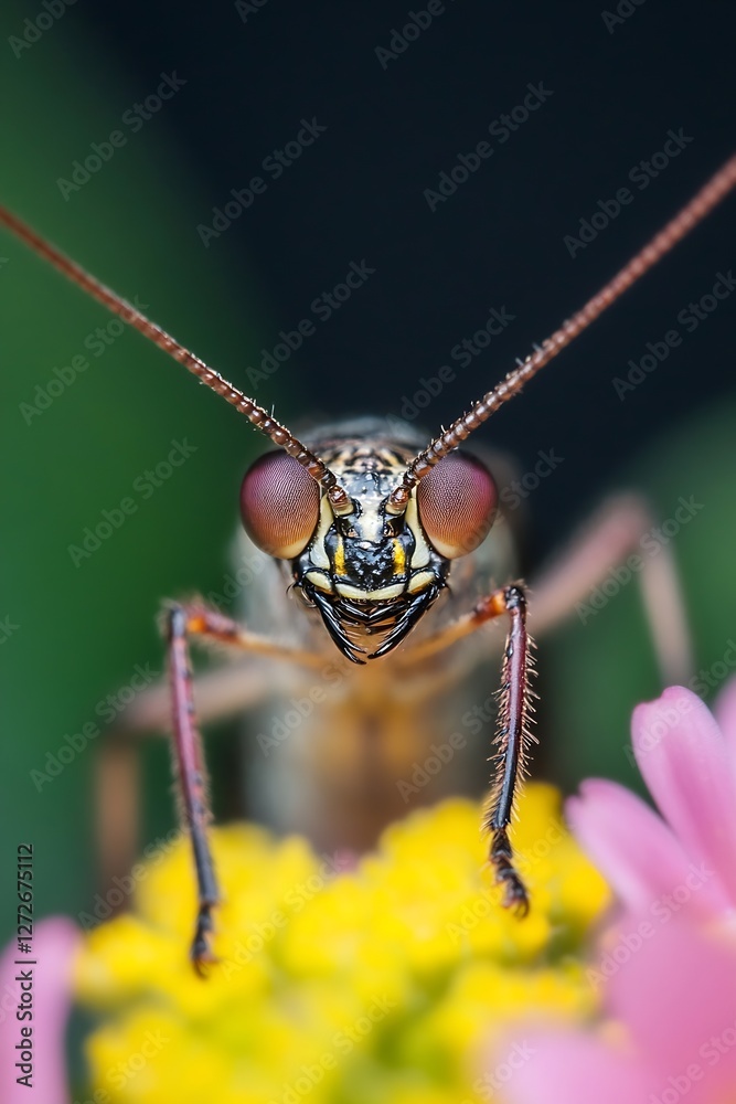 Poster detailed macro shot of a colorful insect on vibrant flower petals in nature : generative ai