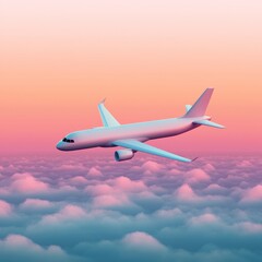 Airplane soaring above fluffy clouds at sunset, showcasing vibrant colors