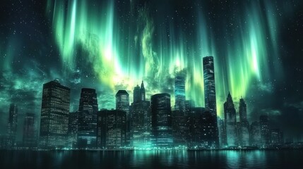 Emerald City Aurora: A Nighttime Metropolis Under Celestial Lights
