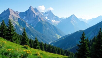 Fototapeta premium Majestic mountain range, evergreen trees, scenic vista, peaks, majestic, mountain