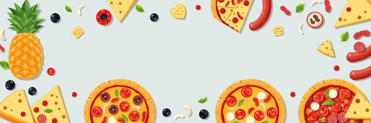 Vector illustration of a customizable pizza design template featuring various toppings and ingredients, design, pineapple, cheese
