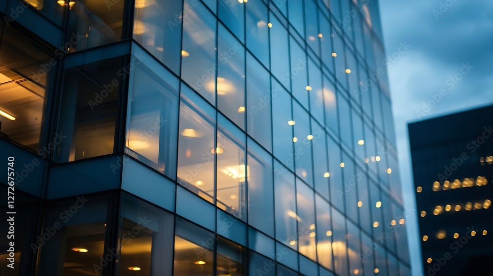Poster urban architectural buildings with reflective glass windows illuminated during twilight : generative