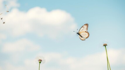 Vibrant morpho butterfly on soft pastel background with dandelion seeds and blue sky, delicate, peaceful, tranquil