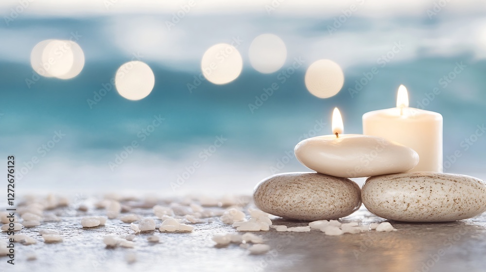 Poster Calming Arrangement of Smooth Stones and Candles on a Soft Beach Background : Generative AI