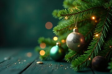 Obraz premium Green evergreen branch adorned with fairy lights and glass balls, green tree branches, glass balls