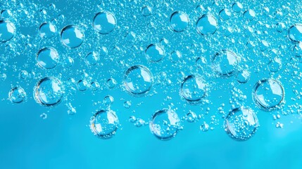 Clear Water Bubbles Floating on Blue Background Under Soft Lighting