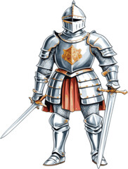 A classic, vintage-style knight wearing full armor, showcasing historical design elements, offered in editable vector files for PNG, JPG, and SVG.