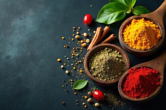 Spices and herbs, vibrant colors, dark concrete backdrop , healthy, natural, cumin