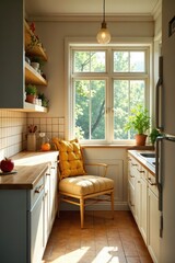 Sunlit nook, tiled backsplash, copper accents, window, homey