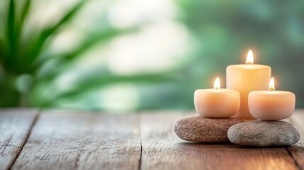 Tranquil arrangement of lit candles on smooth stones creating a peaceful ambiance for relaxation and meditation : Generative AI