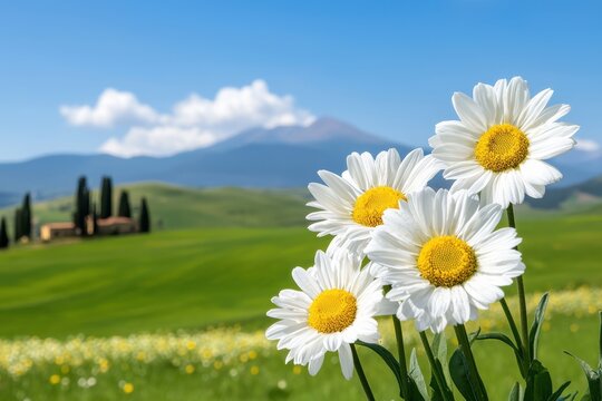 A field of white and yellow daisies blossoms in a sunny summer meadow
