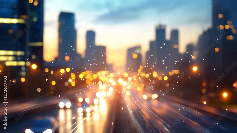 Poster blurred city lights at dusk creating a vibrant bokeh effect with a feeling of urban energy : generat