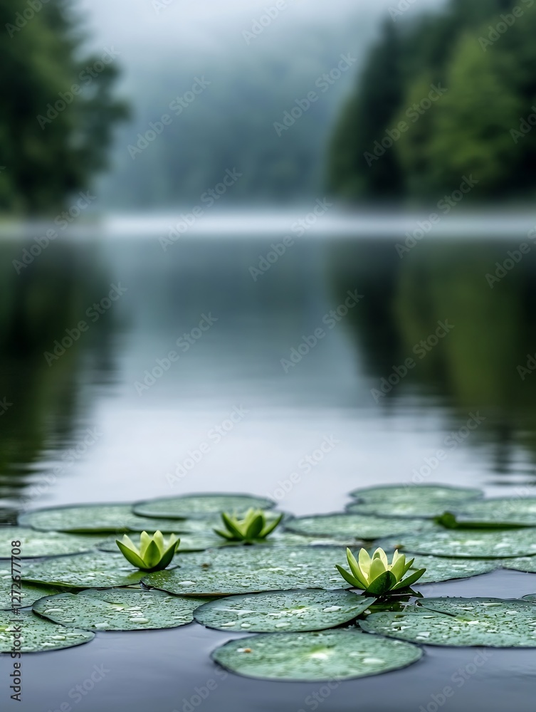 Poster tranquil water lilies floating on calm misty lake surrounded by green forest : generative ai