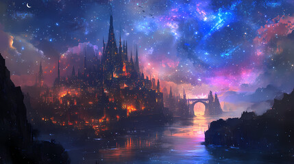 Fototapeta premium Mystical city glows under a starlit interconnected sky. Enchanted Starlit River. Illustration