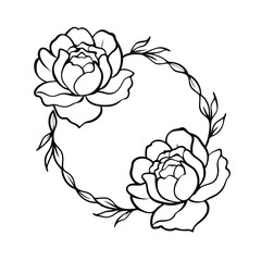 Elegant Black Line Art Peonies Floral Wreath Design Tattoo