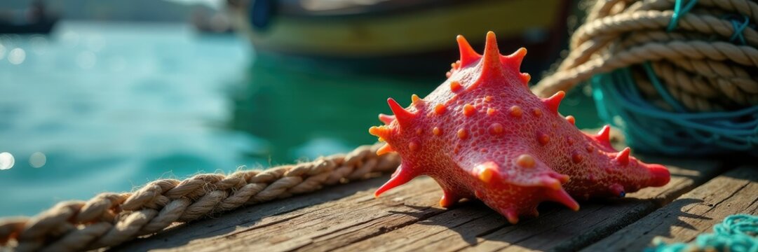 Harpago chiragra conch on a wooden dock with rope and netting, dock, fishing, harpago chiragra