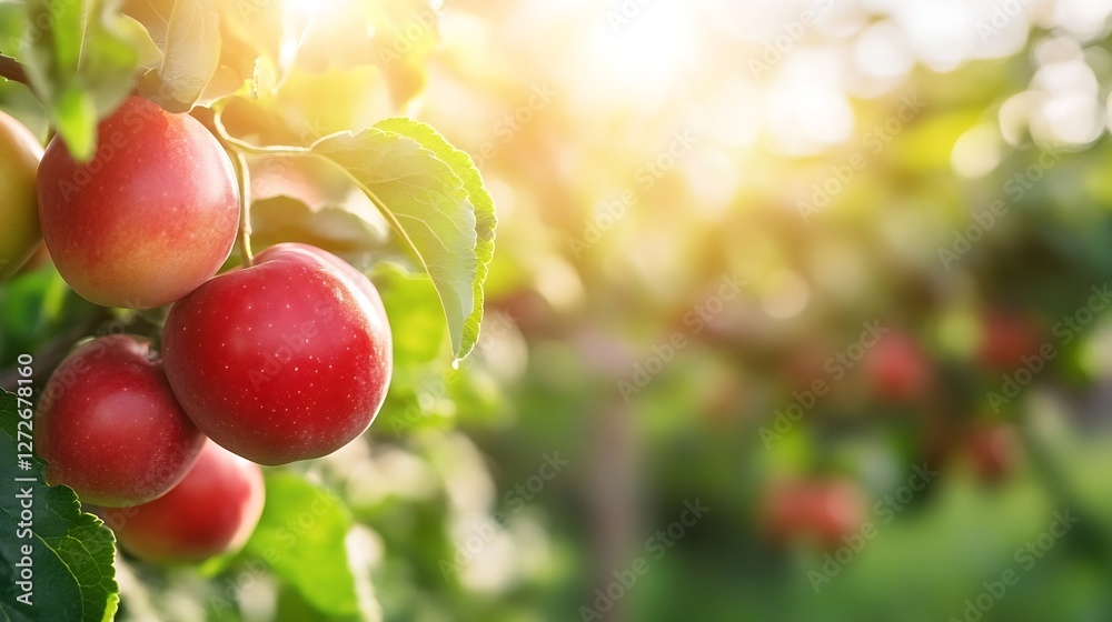 Aufkleber fresh ripe apples hanging on tree branches illuminated by sunlight in a picturesque orchard : genera