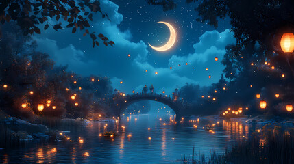 Naklejka premium Mystical night scene with crescent moon reflecting on tranquil river surrounded by illuminated lanterns. Enchanted Starlit River. Illustration