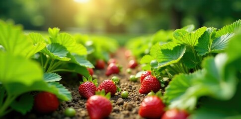 High bed with lush strawberry harvest in spring, garden life, garden, nature
