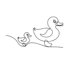 OneLine Drawing Mother Duck and Duckling Walking