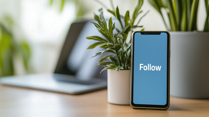 Digital Connection: A smartphone displays the word "Follow" on its screen, poised on a desk alongside a laptop and lush plants, symbolizing modern communication and connection.