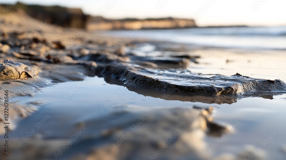Poster close-up of wet sandy beach with small water puddle and natural texture : generative ai
