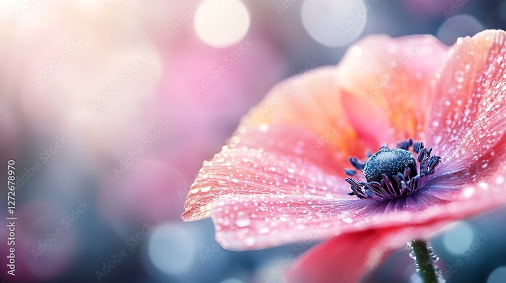 Fototapete Delicate Flower with Raindrops Showcasing Vibrant Colors and Soft Bokeh Background : Generative AI