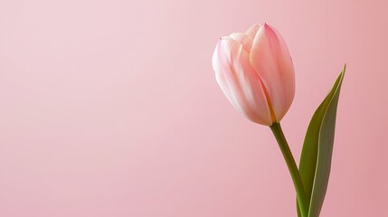 Fototapeta premium A single tulip with delicate petals, standing gracefully on a light pink background.